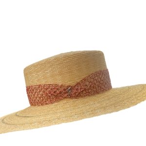 Chapeau en paille Fléchet avec dorures kaki et un ruban rouge tressé