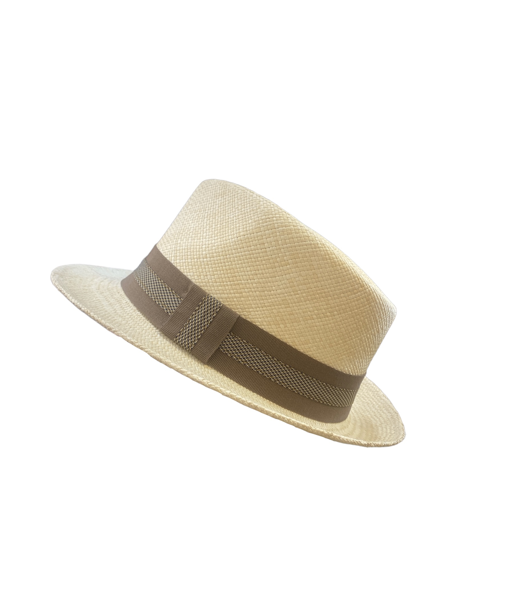 Chapeau Panama Trilby avec ganse marron et grise, disponible en taille 55, 57, 59, 61 et 62.