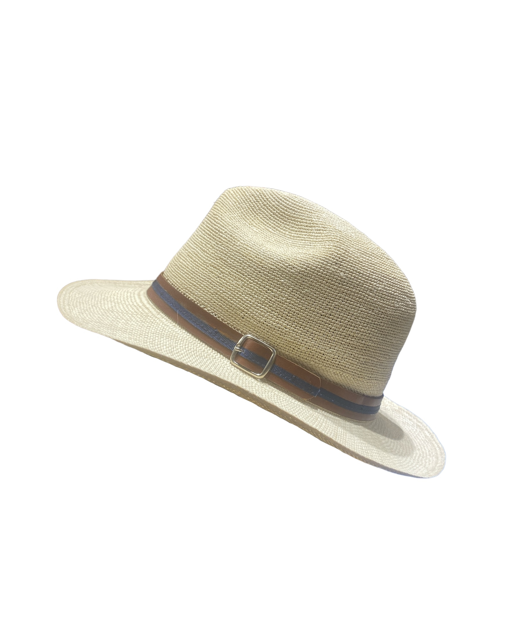 Chapeau Panama Brisa Fino avec ganse marron et bleu, disponible en taille 55, 57, 59 et 61