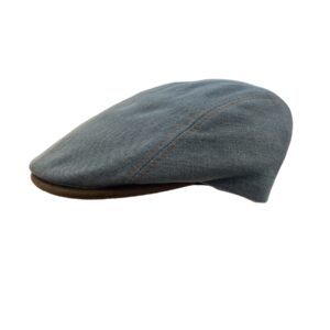 Casquette droite homme Bao Hats en jean bleu avec surpiqûres orange et dessous de visière en suédine marron