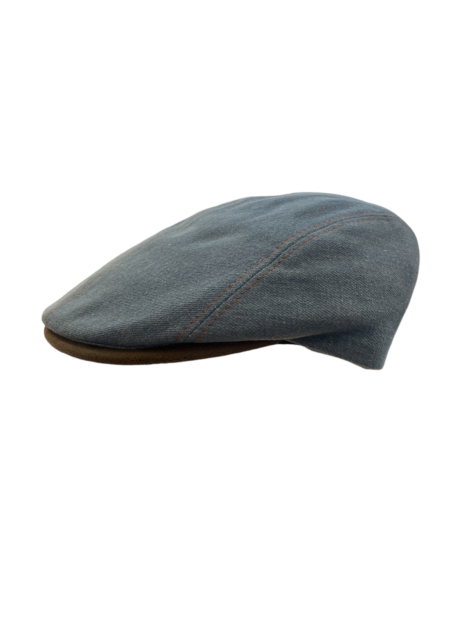 Casquette droite homme Bao Hats en jean bleu avec surpiqûres orange et dessous de visière en suédine marron