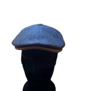 Casquette 6 pans Maison Fléchet en laine bleu ou gris avec visière en suédine marron